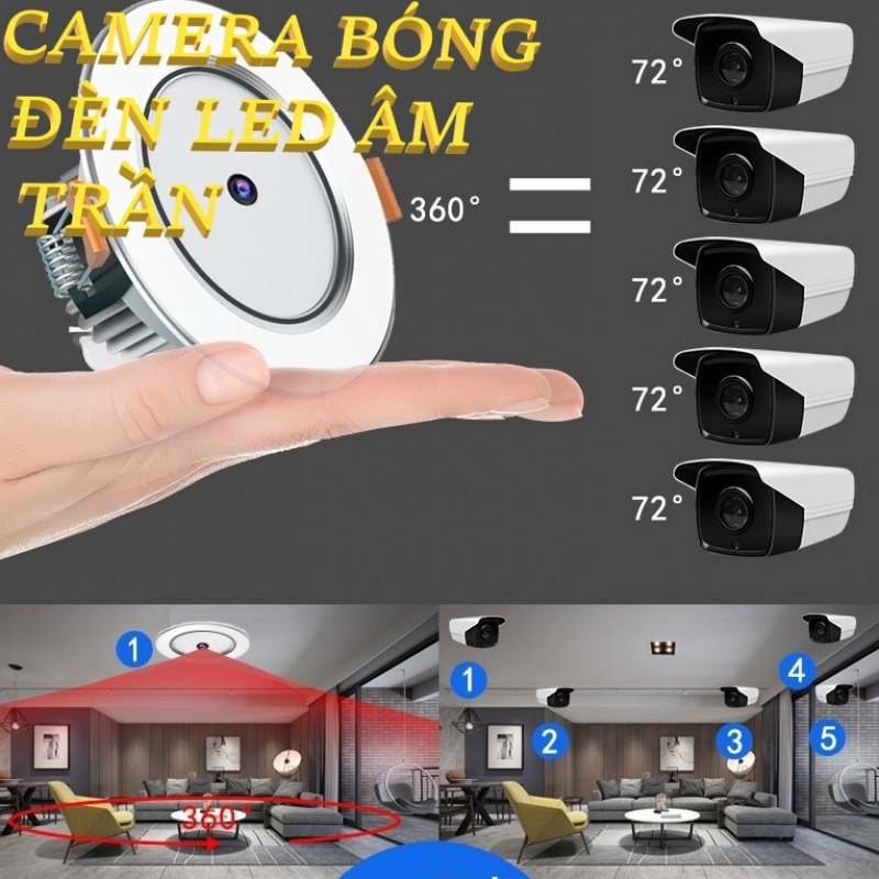 Camera ngụy trang bóng đèn LED âm trần quay đêm điều khiển từ xa